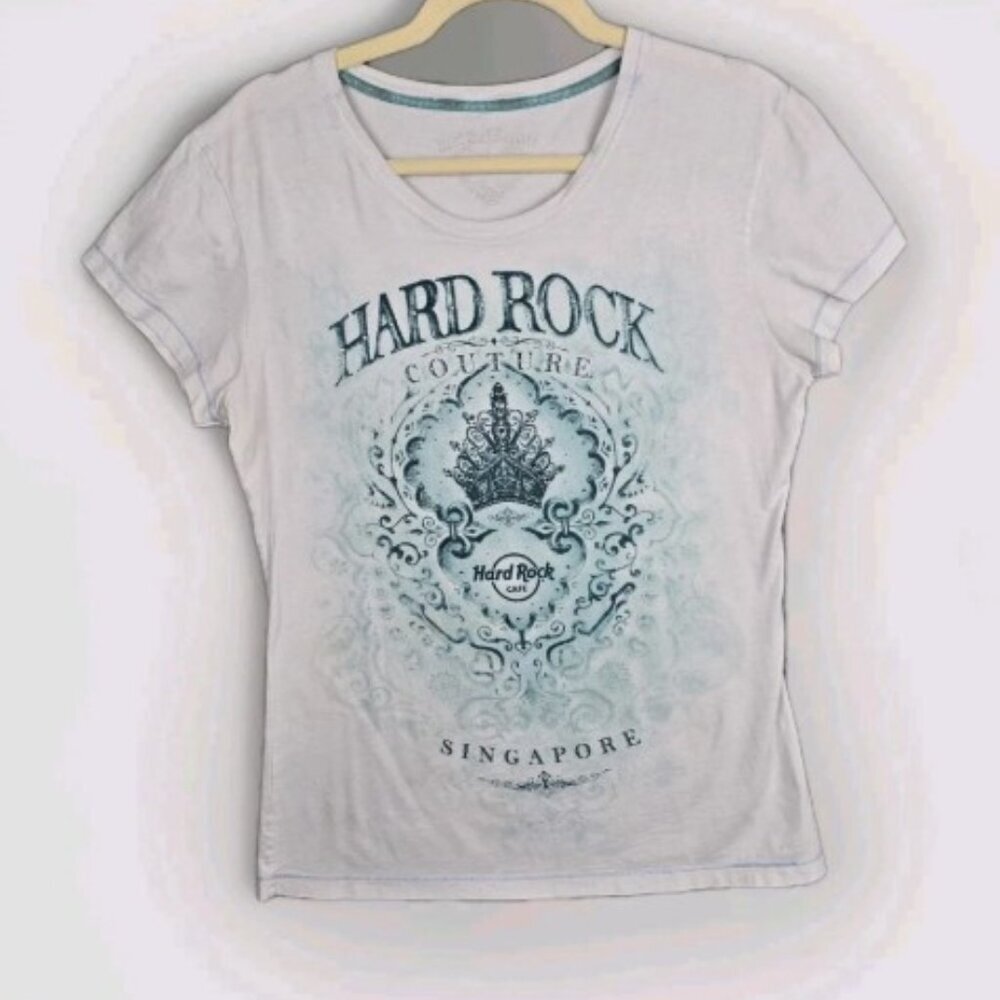 Hard Rock Couture T-shirt Tee Womens L Singapore Crown Graphic White Green